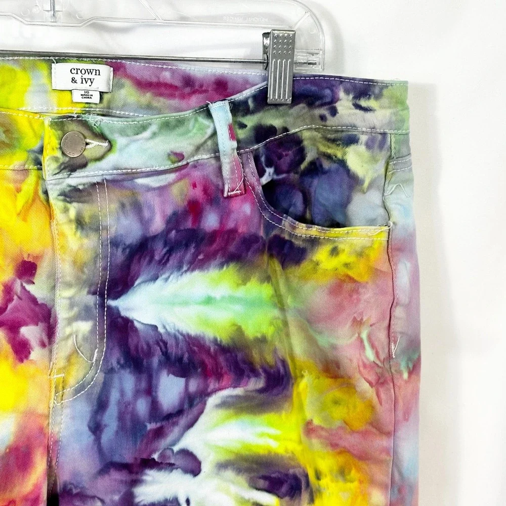 Crown & Ivy Sz 16 Capri Jeans‎ Handmade Tie Dye Denim Yellow Purple Raw Hem 1478